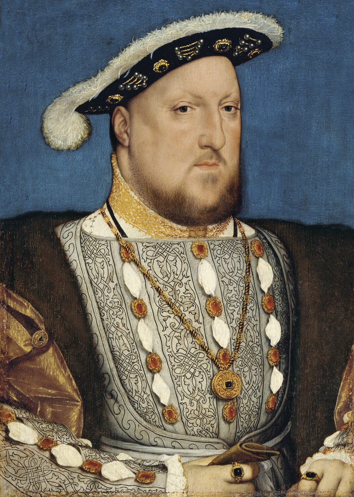 Retrato de Enrique VIII por Holbein: de frente, gorra con pluma blanca, cadenas de oro y unos guantes en la mano