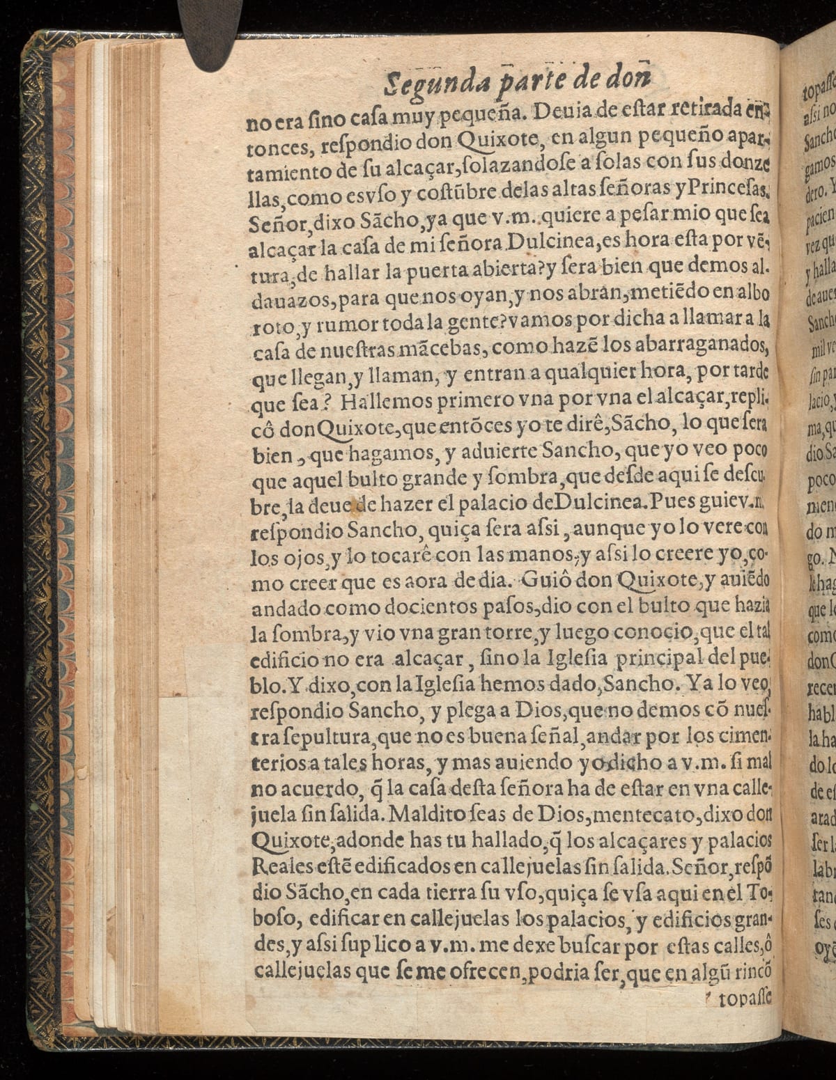 Página de la edición de 1615 del Quijote con la frase «con la Iglesia hemos dado, Sancho»