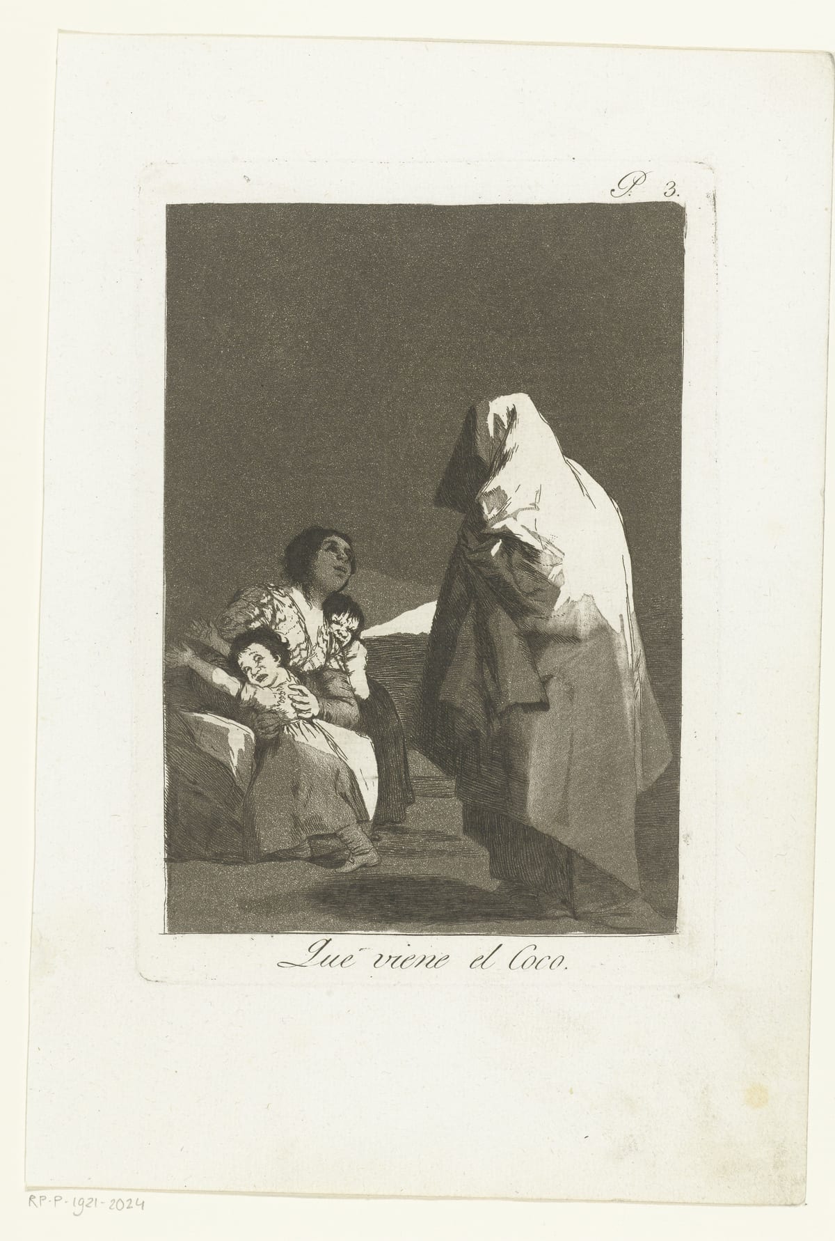 Estampa entera de Goya con su número, P. 3, arriba y el título «Que viene el Coco» grabado debajo de la escena
