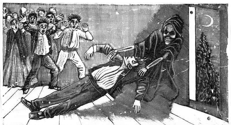 La muerte encapuchada sujeta a un hombre caído en el suelo mientras un grupo de gente retrocede asustado
