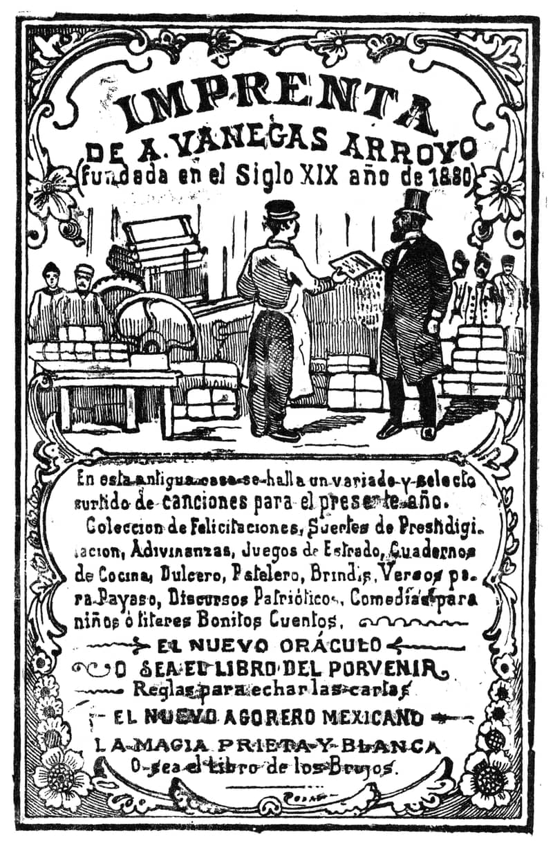 Un impresor entrega una hoja a un caballero de chistera junto a la prensa de la imprenta de Vanegas Arroyo