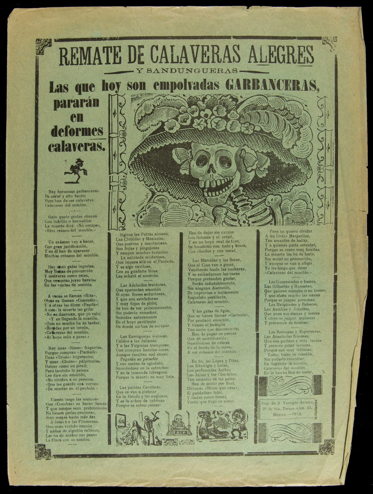 Hoja volante de papel verde con el título Remate de calaveras alegres, la calavera con sombrero y cuatro columnas de versos