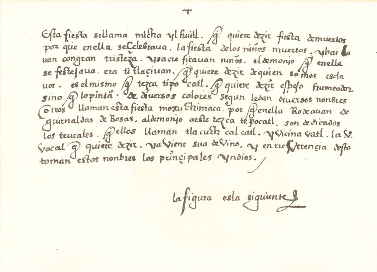 Página manuscrita del siglo XVI que empieza «Esta fiesta se llama micailhuitl, que quiere decir fiesta de muertos»