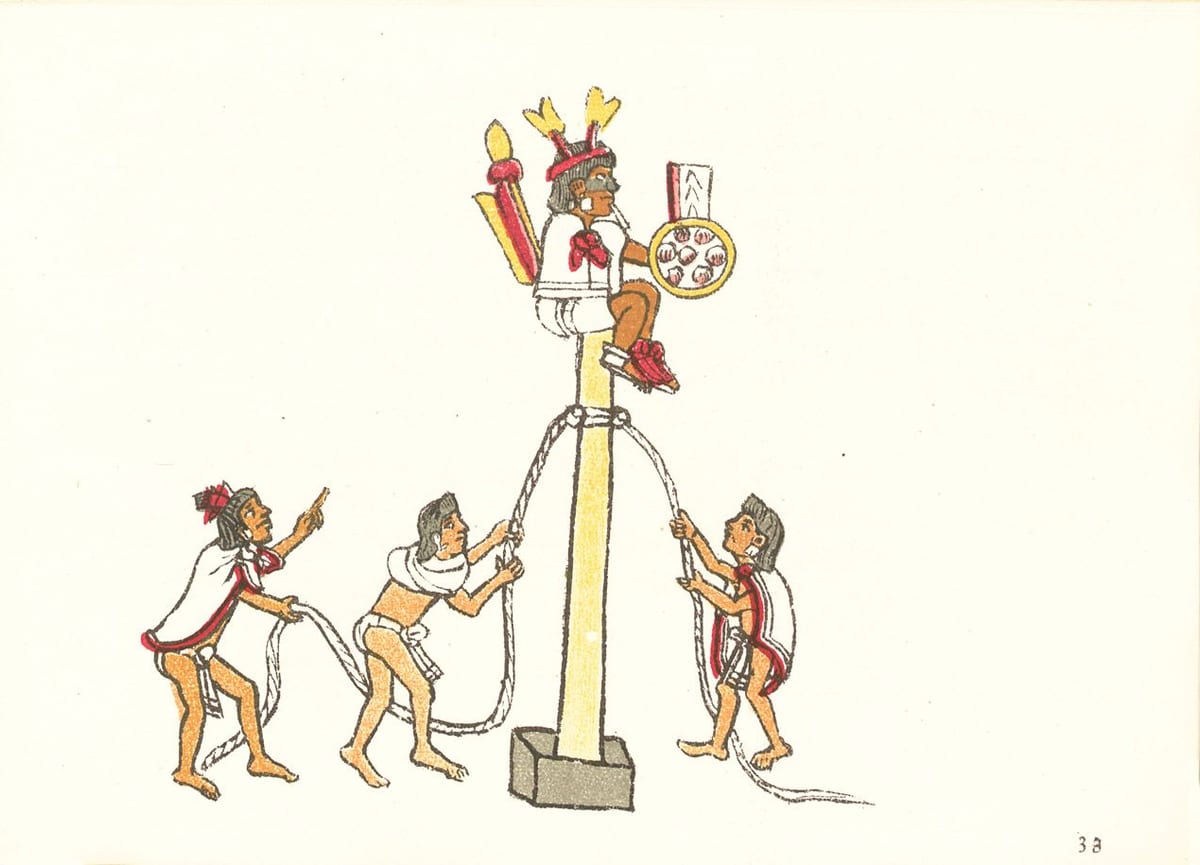 Dibujo de un tronco muy alto con un hombre sentado arriba y tres hombres que trepan por las cuerdas