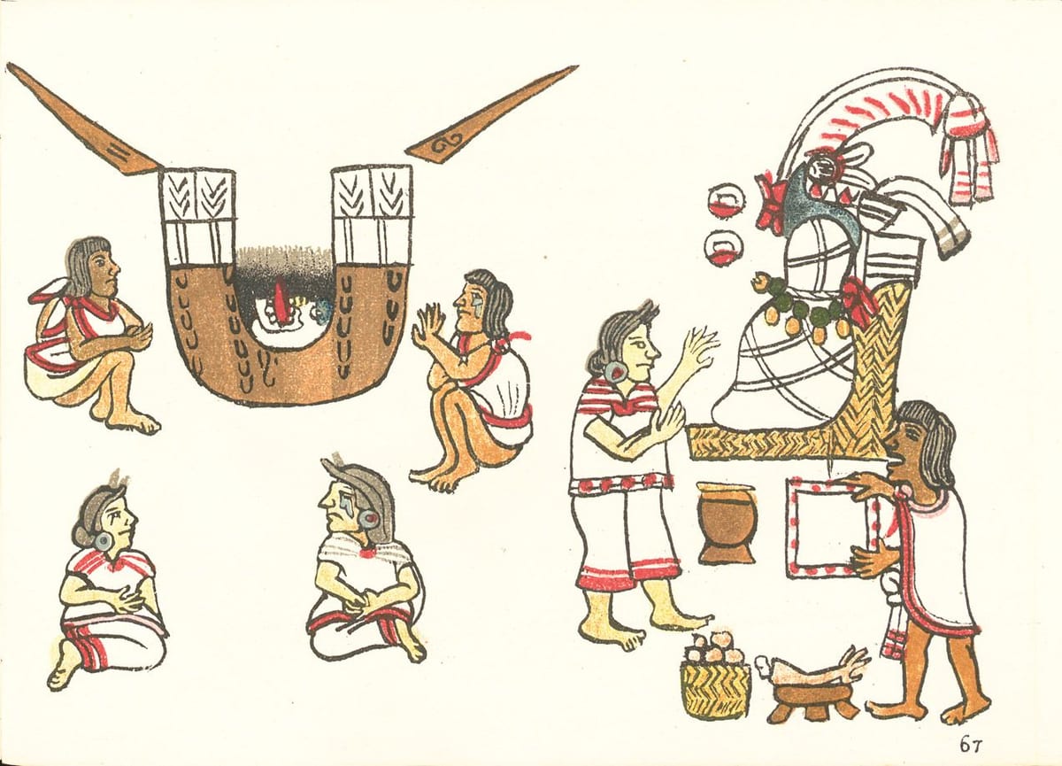Dibujo de un difunto amortajado y sentado, con un cesto de tamales, un ave guisada, una olla y un hombre con una manta