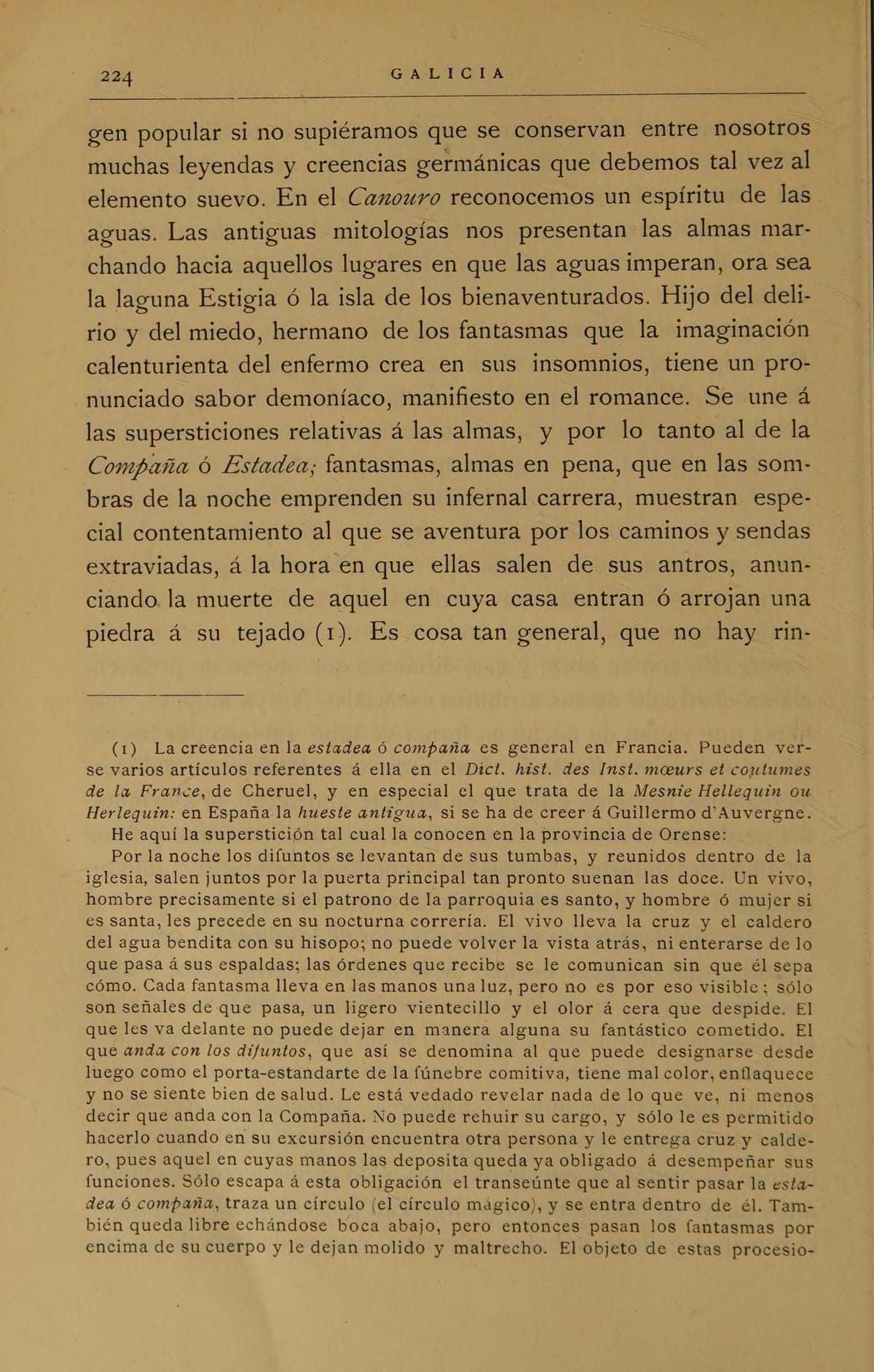 Página impresa de 1888 con un párrafo sobre la Compaña y una larga nota a pie con la versión de Orense